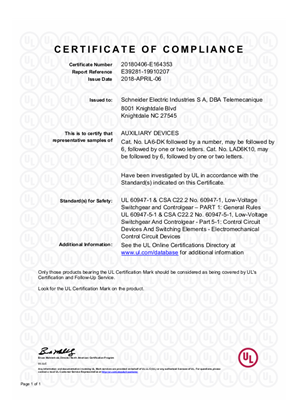 UL_Certificate_TeSys D_LAD6K,LA6DK