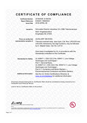 UL_Certificate_TeSys D_LR2D35&LR3D35