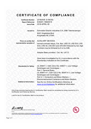 UL_Certificate_TeSys D_ LRD33&LR2D33&LR3D33&LRD43&LR2D43&LR3D43