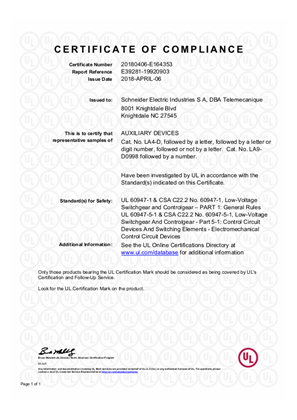 UL_Certificate_TeSys D_LA4D&LA9D