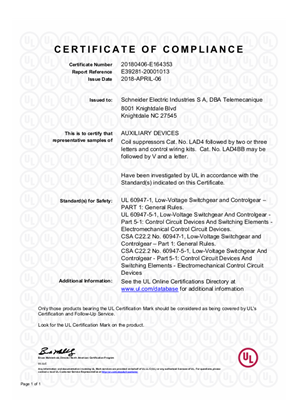 UL_Certificate_TeSys D_LAD4V,LAD4RC,LAD4T,LAD4BB