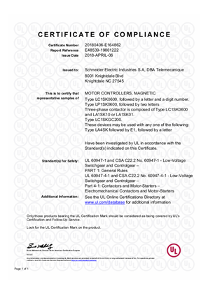 UL_Certificate_TeSys SK_LC1SK0600,LP1SK0600,LC1SKGC200