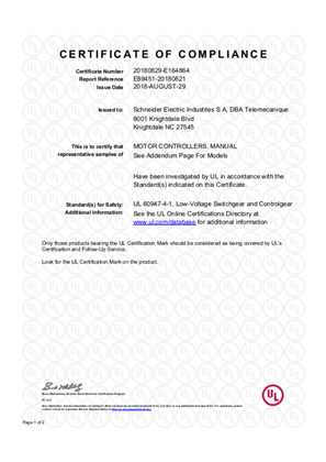 UL_Certificate_TeSys GV4P&GV4PE&GV4PEM