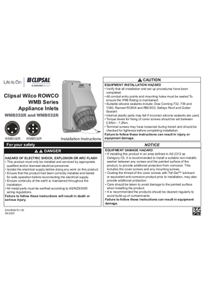 Installation Instructions - F2454 - WMB332R and WMB532R Clipsal WilcoROWCO WMB Series Appliance Inlets, 118252