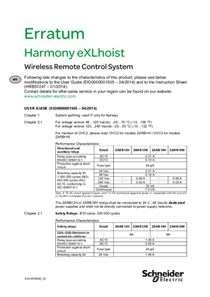 Erratum Harmony eXLhoist - Additional Information - User Guide