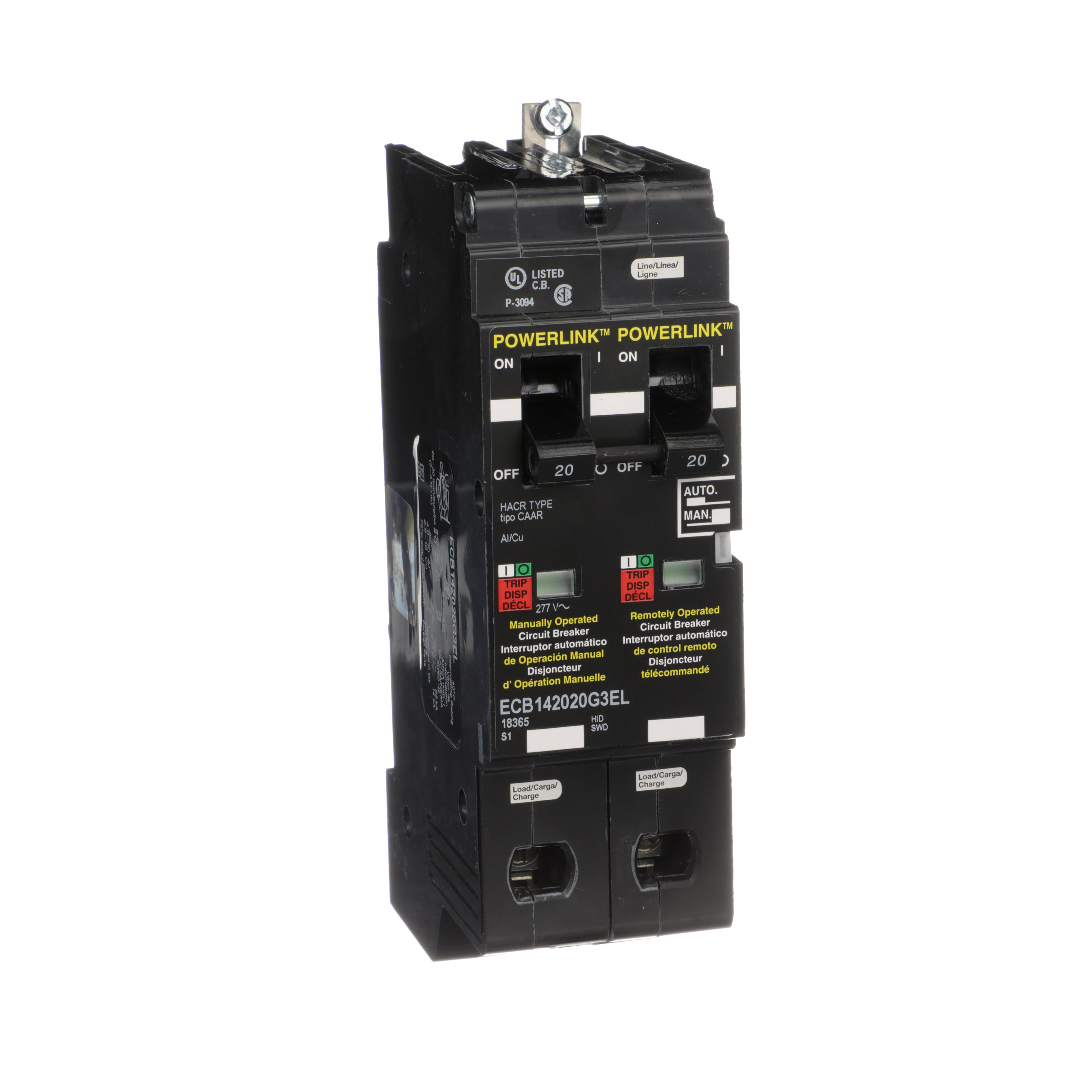 Circuit Breaker, PowerLink™, 20A, 2 pole, 480Y/277VAC, 14kA, remotely operated, bolt on mount, emergency lighting