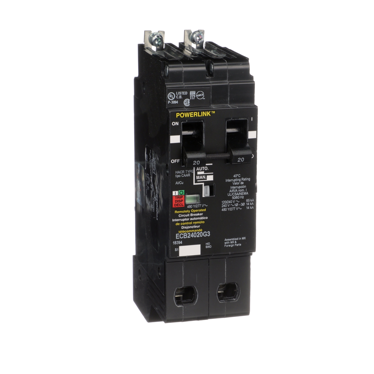 Circuit Breaker, PowerLink™, 20A, 2 pole, 480Y/277VAC, 14kA, remotely operated, bolt on mount