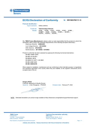 Interrupteurs de sécurité XCSA/B/C/D/E/M/MP/P/PA/PL/PR/TA/TE/TL/TR... - Déclaration CE/UE de conformité