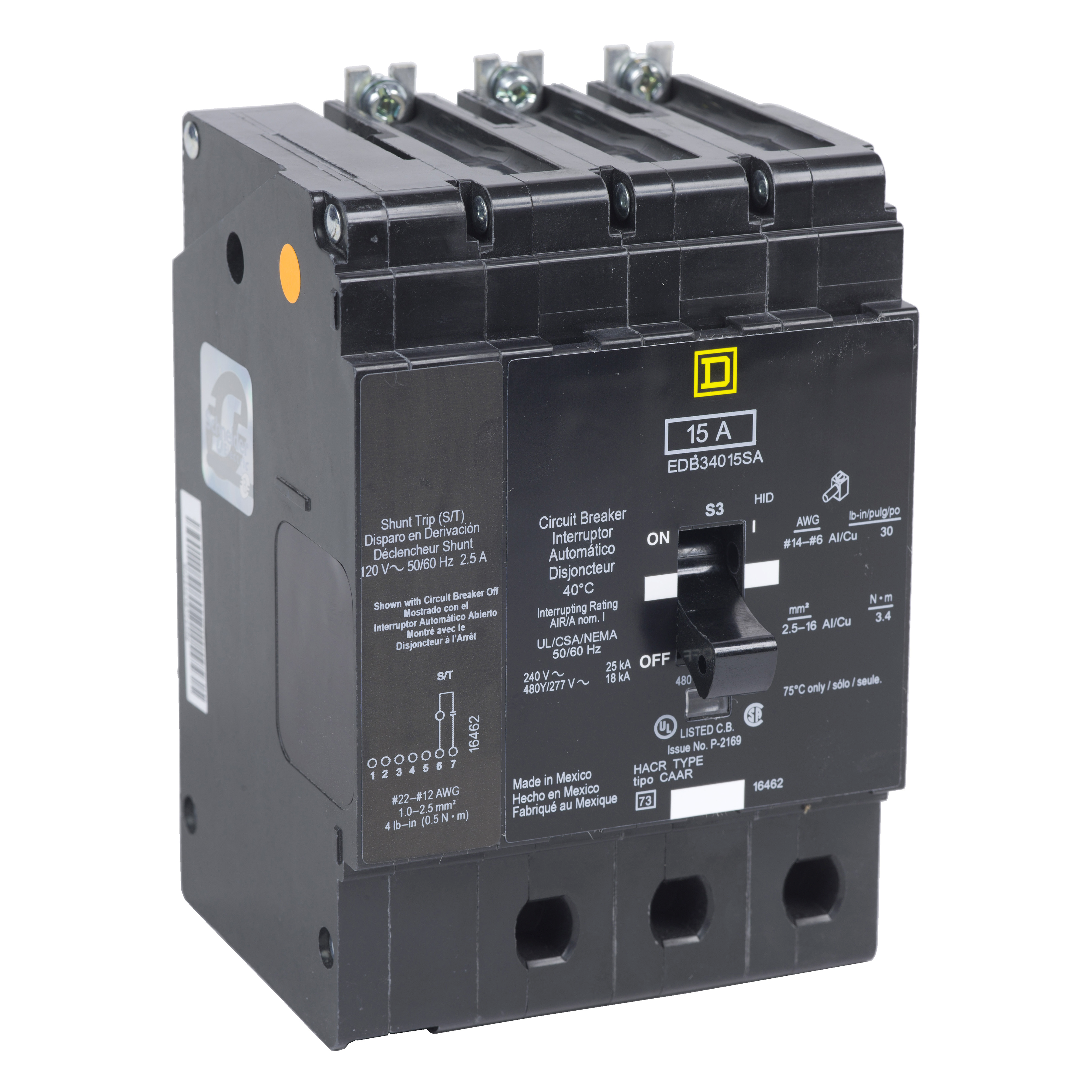 Mini circuit breaker, E-Frame, 15A, 3 pole, 600Y/347 VAC, 25 kA max, bolt on, aux switch, alarm switch, shunt trip