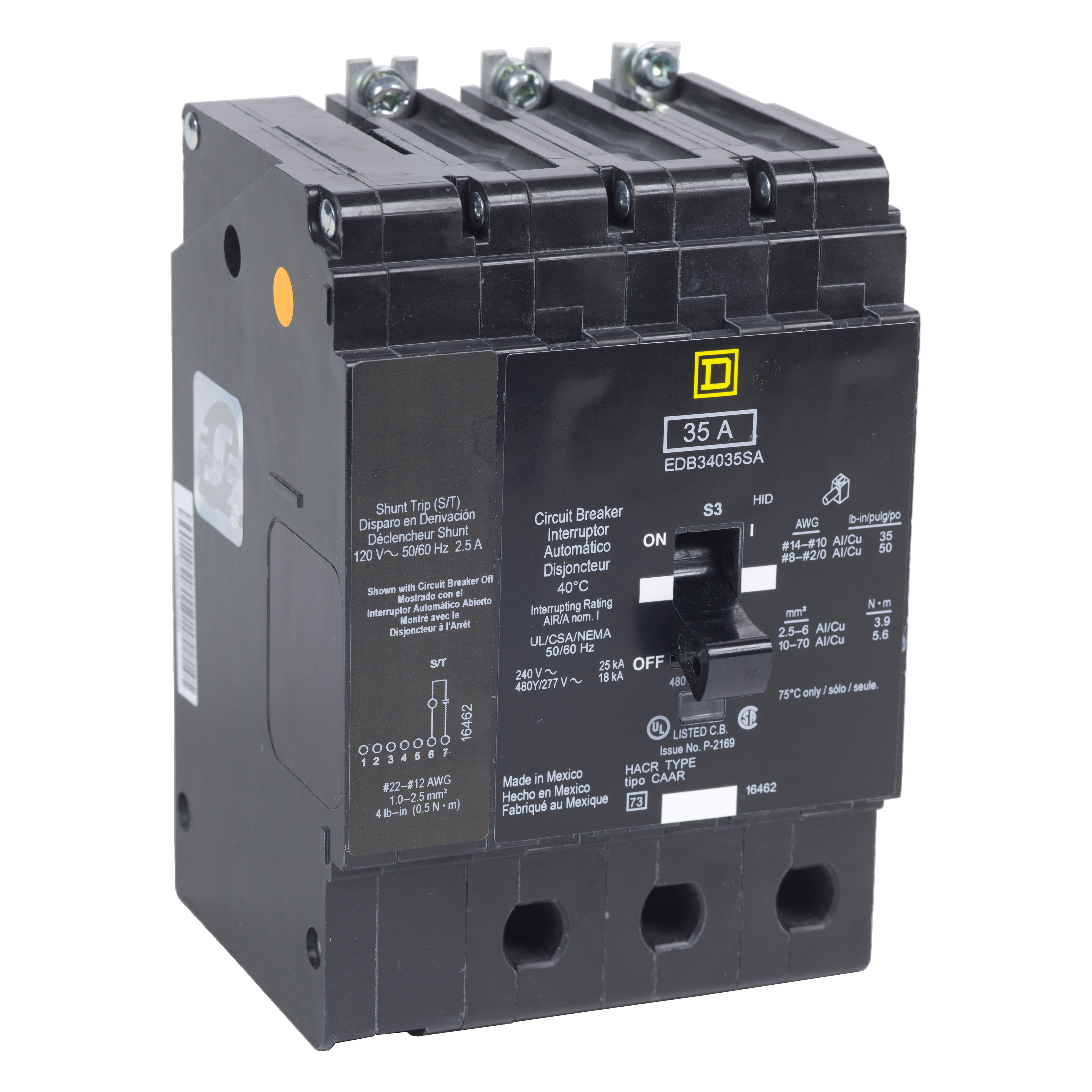 Mini circuit breaker, E-Frame, 70A, 3 pole, 480Y/277 VAC, 25 kA max, bolt on, aux switch, alarm switch, shunt trip