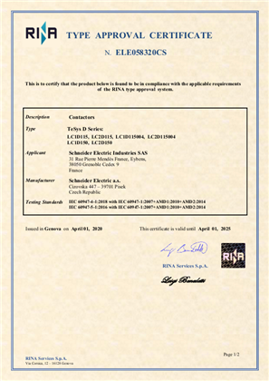 RINA Type Approval Certificate_TeSys D_LC1D115-150&LC2D115-150