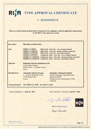 RINA Type Approval Certificate_TeSys D_LRD01-35&LR3D01-35