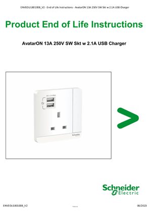 13A 250V SW SKT W 2.1A USB CHARGER, WD - Product End of life Instructions