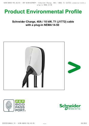 EVlink Home Smart, 40A / 10 kW, T1 (J1772) cable with a plug-in NEMA 14-50, Charging Station, PEP Eco Passport