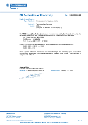 XMP... pressure switches for power circuits - EU declaration of conformity