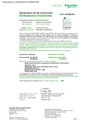 EU Declaration FD18082701 PowerTag Link for Acti9 A9XMWD20 and A9XMWD100