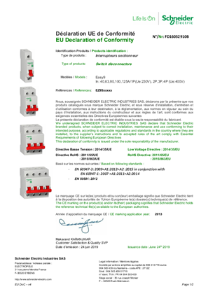 EU Declaration of Conformity for Easy9 EZ9 switch - FD16032910B