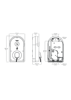 EVlink Pro AC 22kW Attached cable 6mA MNX - 2D Dimensions