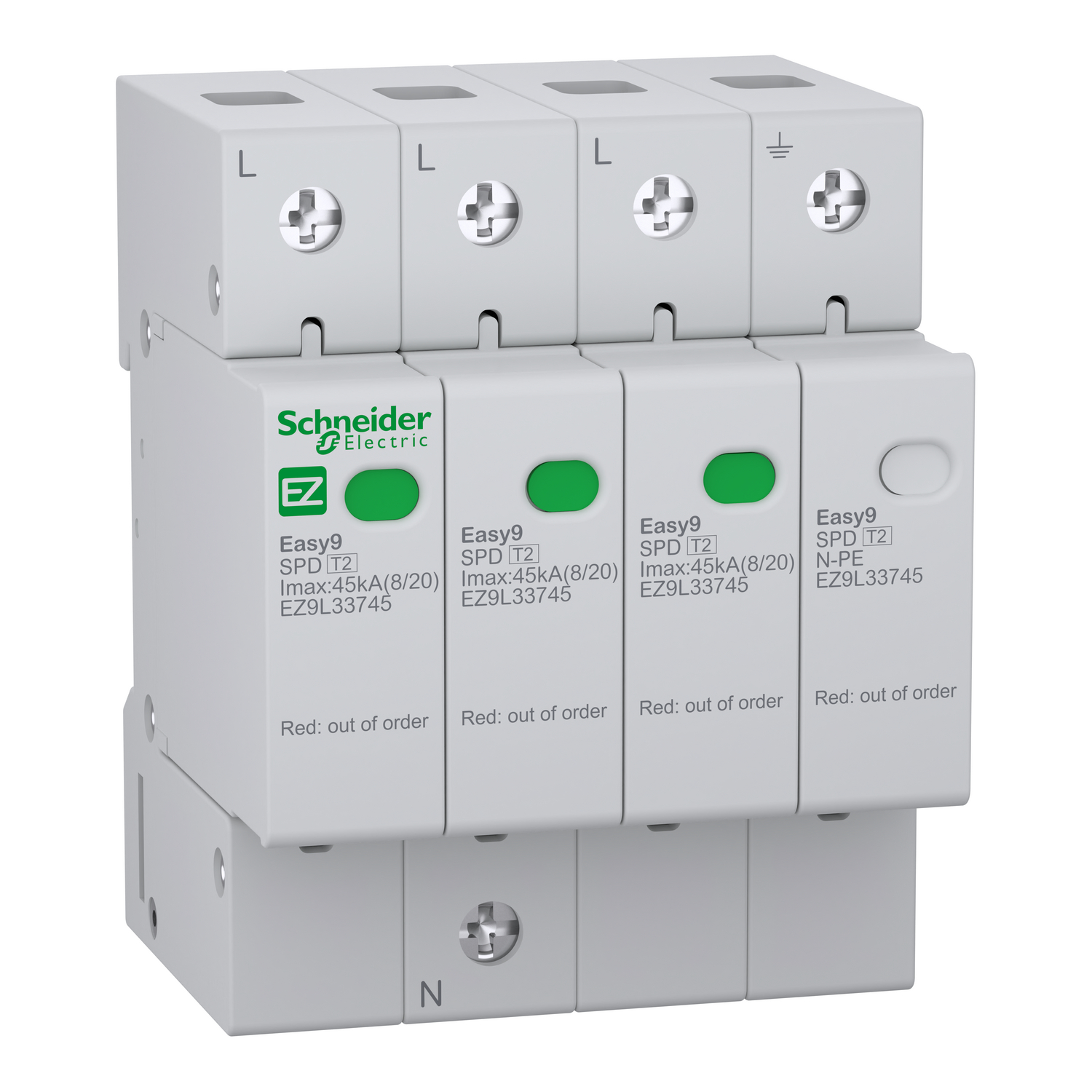 Túlfeszültség-levezető dugaszolható 3P+N T2 TN-S TT 400V/AC 45kA 4M Easy9 Pro Schneider