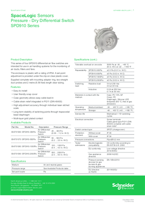 SPD910 Differential Airflow Switches - Specification Sheet