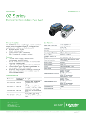02 Series Electronic Flow Meter with Scaled Pulse Output - Specification Sheet