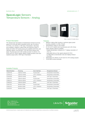 SLA Series Temperature Sensors Analog - Specification Sheet