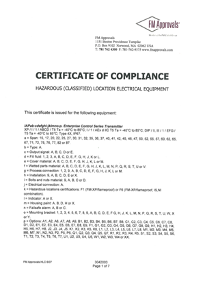 Certificate of Compliance: FM Approvals FM Project ID 3042003