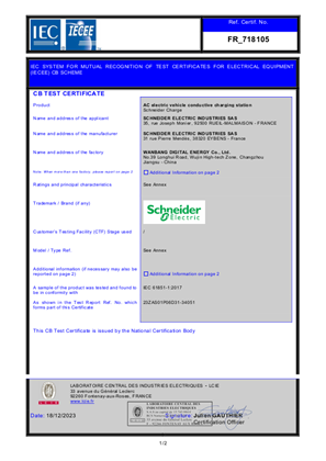 Schneider Charge Certificate CB Test IEC 61851 LCIE