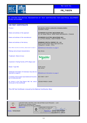 Schneider Charge Certificate CB Test IEC 61851 LCIE