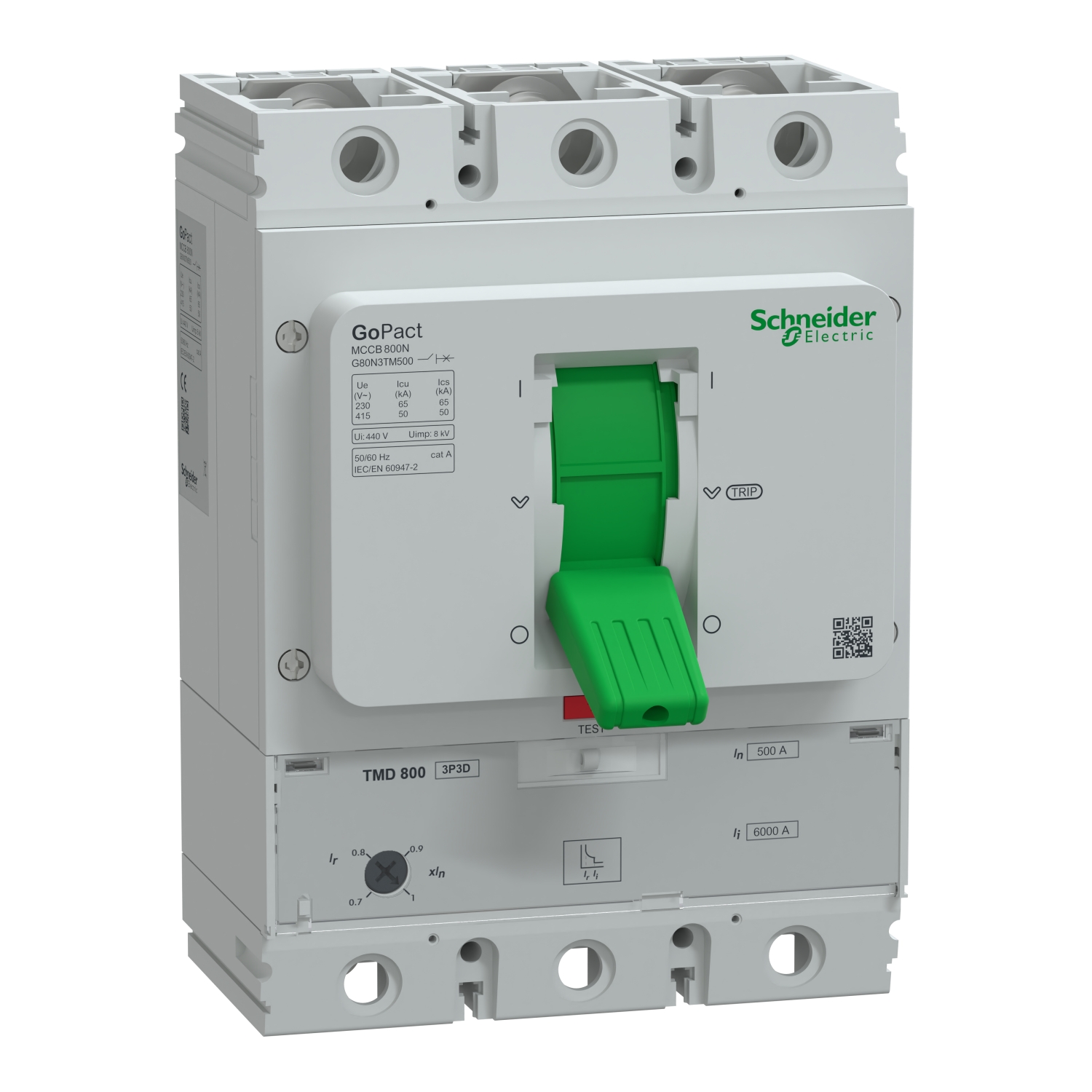 G80N3TM500 Circuit breaker, GoPact MCCB 800, 3 poles, 50kA at 415VAC, 500A rating, TMD trip unit, adjustable thermal protection