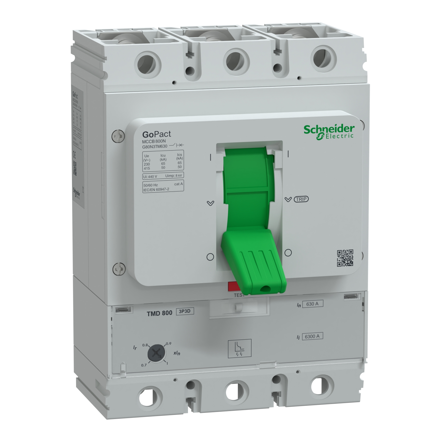 G80N3TM630 Circuit breaker, GoPact MCCB 800, 3 poles, 50kA at 415VAC, 630A rating, TMD trip unit, adjustable thermal protection