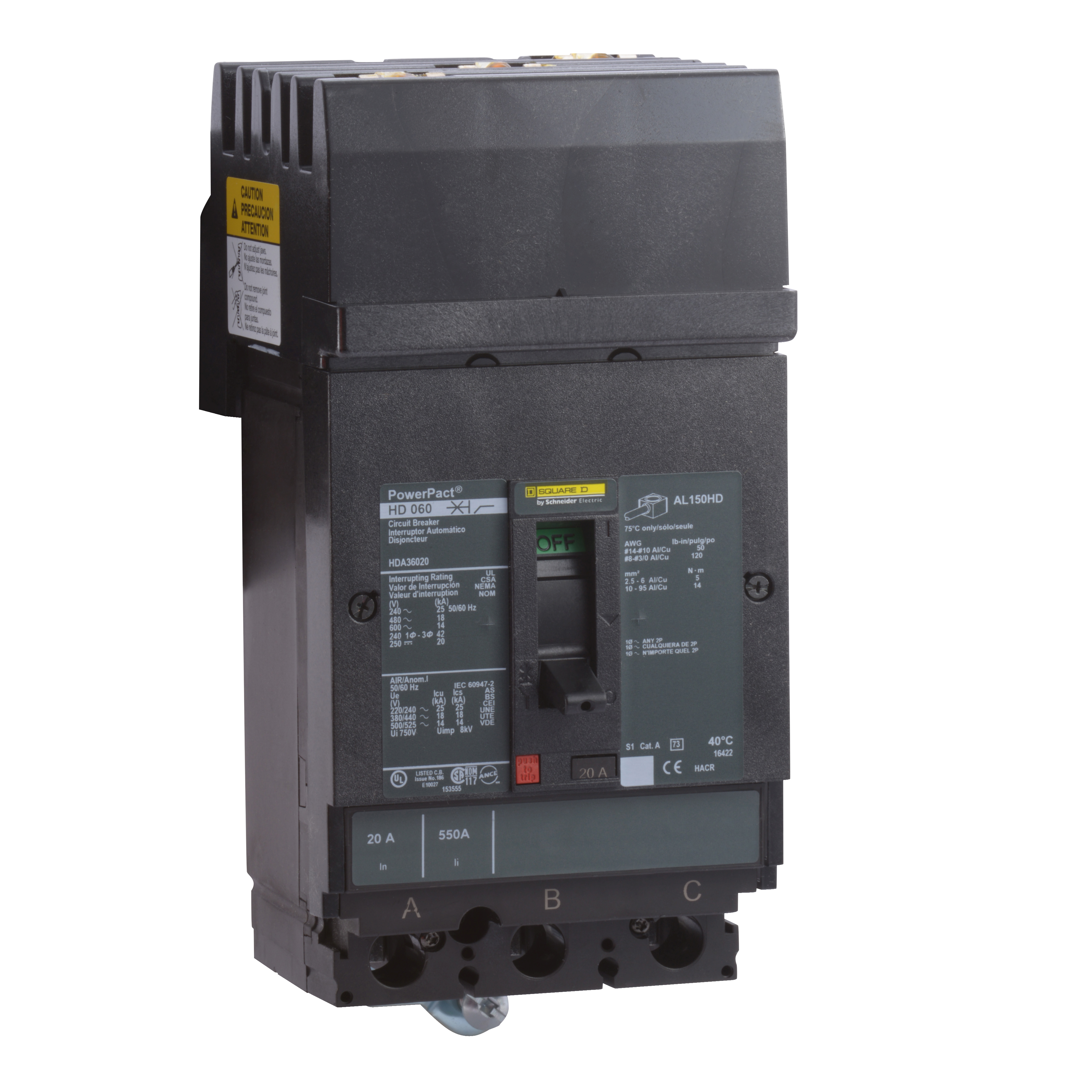 Circuit breaker, PowerPacT H, 60A, 3 pole, 600VAC, 14kA, I-Line, thermal magnetic, 80%, CBA