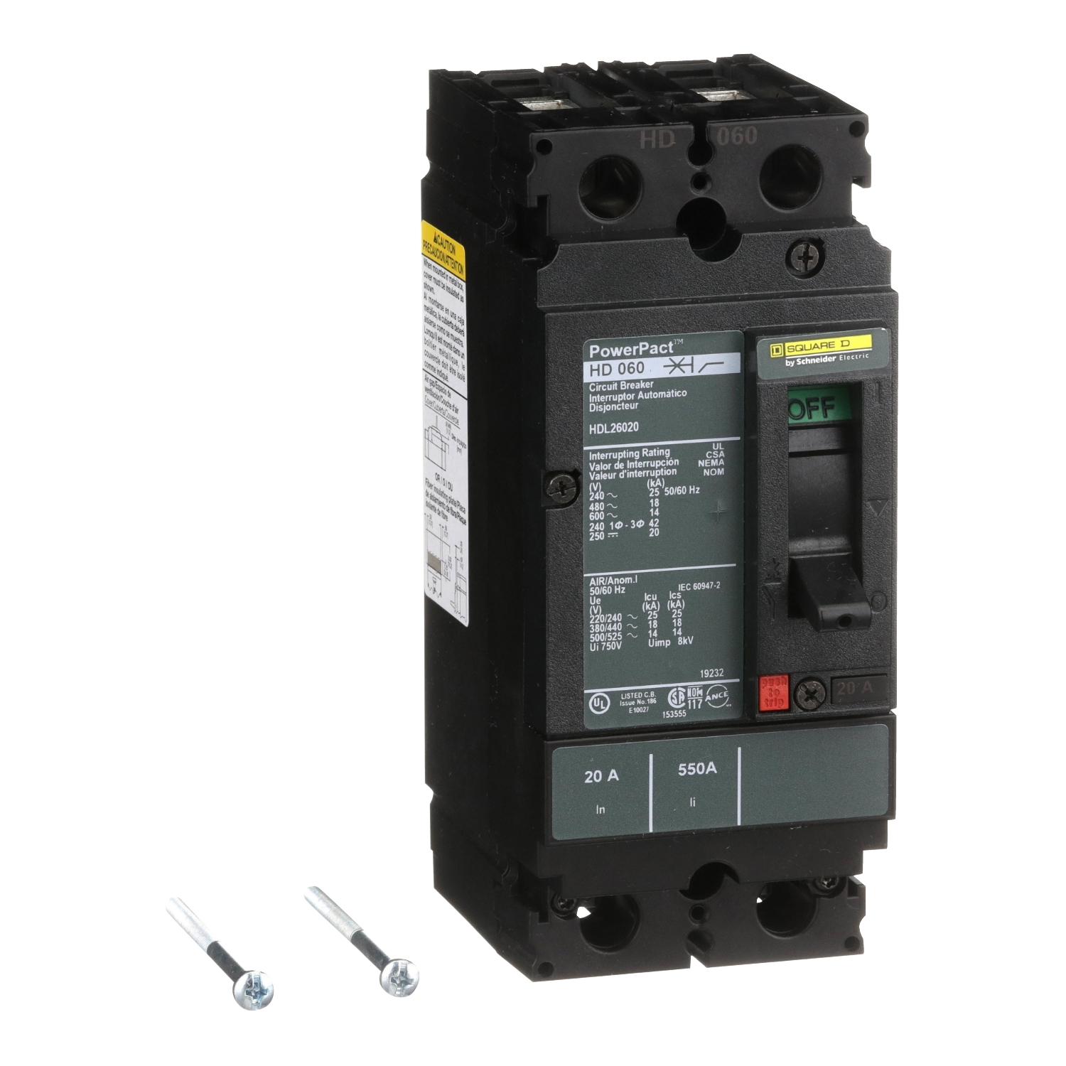 HDL26020, Circuit breaker, PowerPacT H, 20A, 2 pole, 600VAC, 14kA, lugs, thermal magnetic, 80%