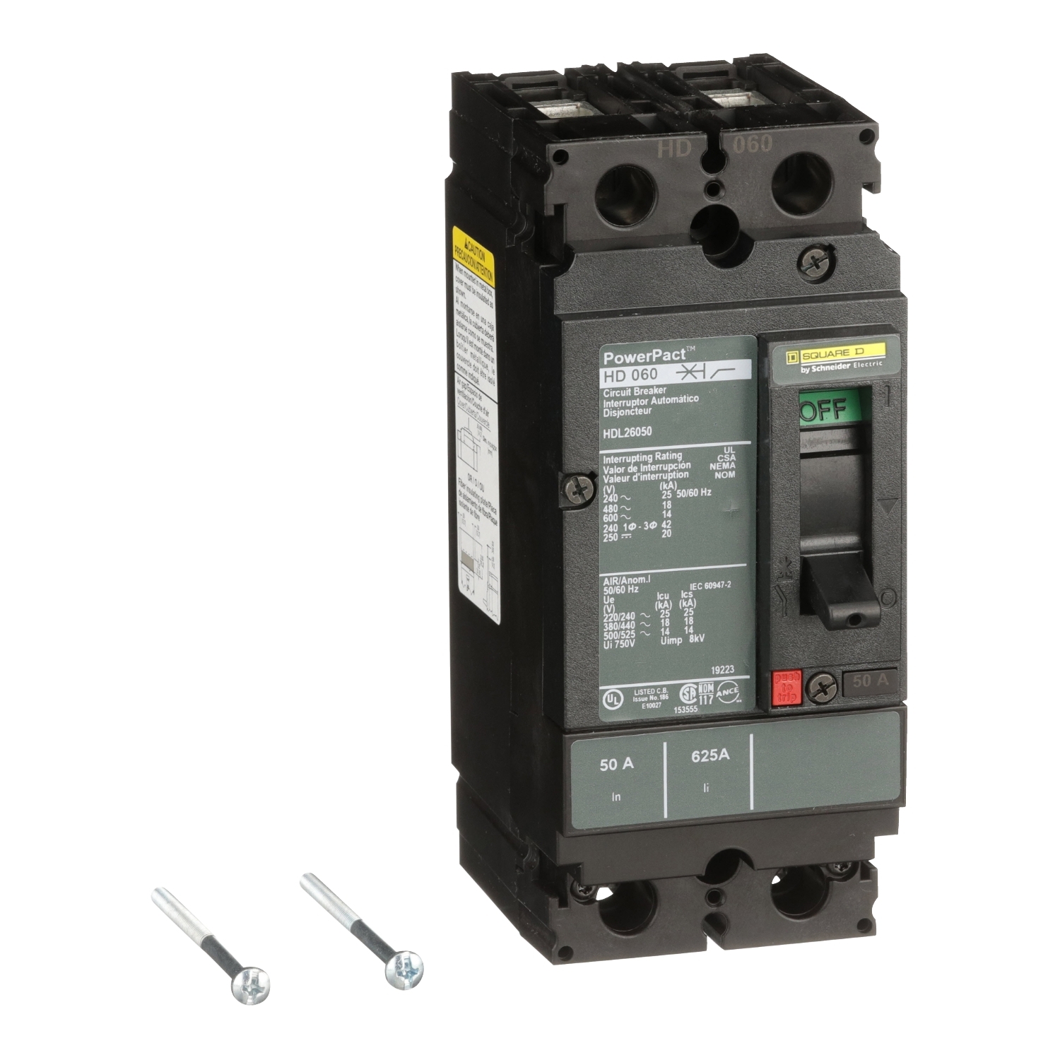 HDL26050, Circuit breaker, PowerPacT H, 50A, 2 pole, 600VAC, 14kA, lugs, thermal magnetic, 80%