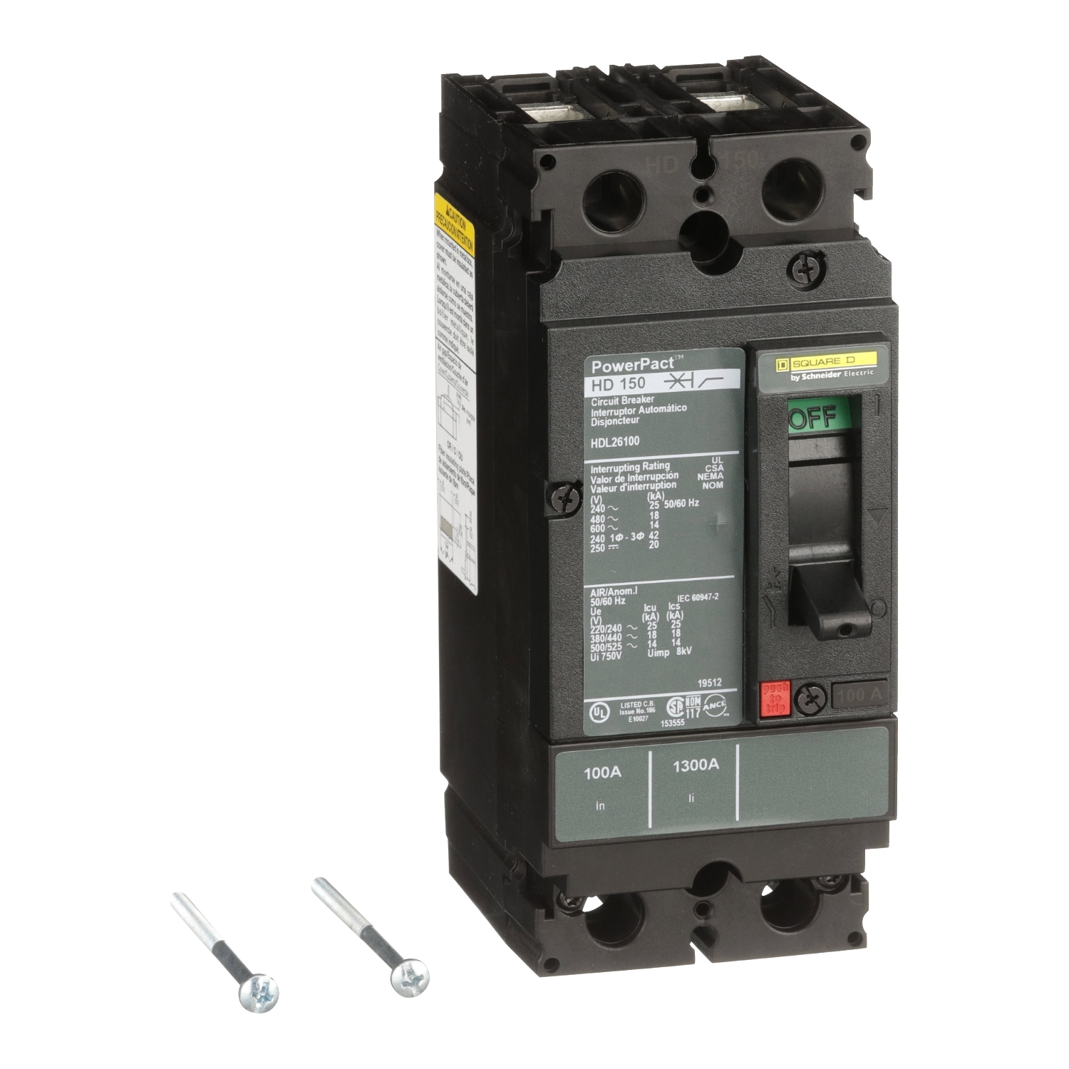 HDL26100, Circuit breaker, PowerPacT H, 100A, 2 pole, 600VAC, 14kA, lugs, thermal magnetic, 80%