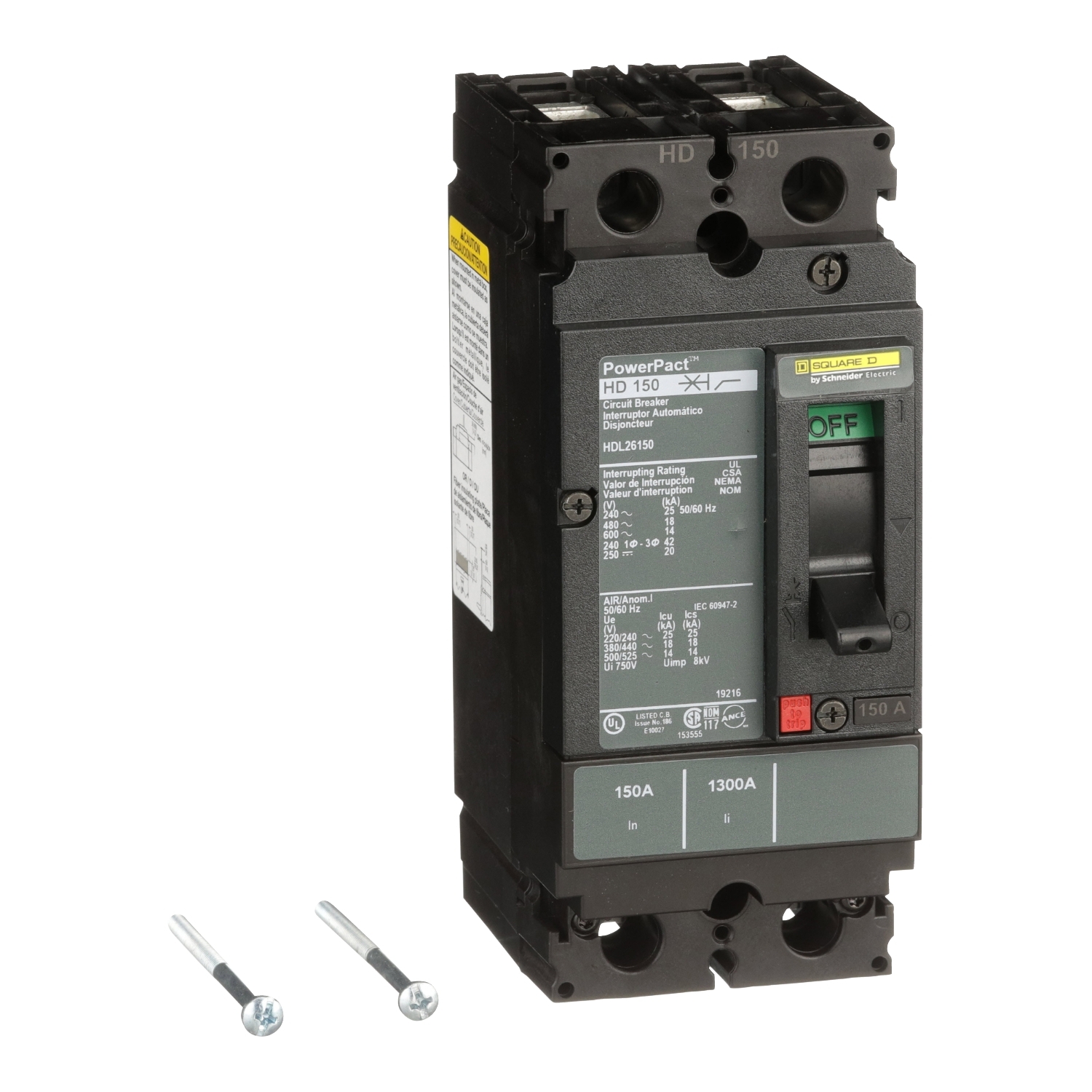 HDL26150, Circuit breaker, PowerPacT H, 150A, 2 pole, 600VAC, 14kA, lugs, thermal magnetic, 80%