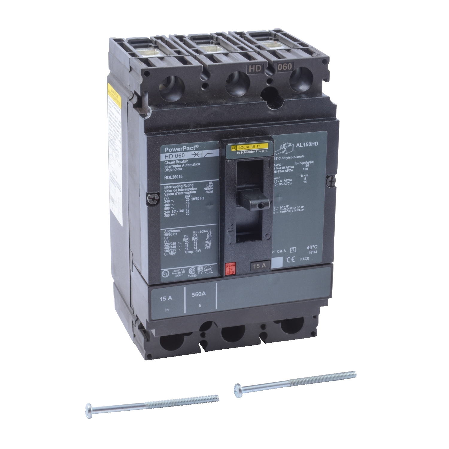 HDL36015, Circuit breaker, PowerPacT H, 15A, 3 pole, 600VAC, 14kA, lugs, thermal magnetic, 80%