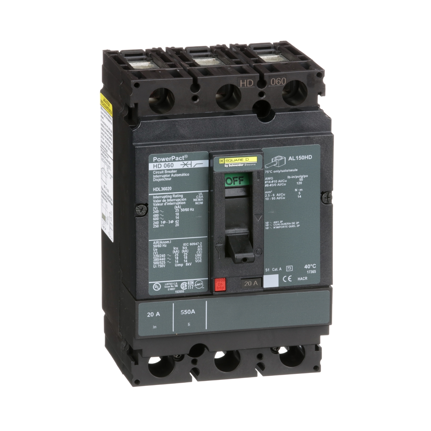 HDL36020, Circuit breaker, PowerPacT H, 20A, 3 pole, 600VAC, 14kA, lugs, thermal magnetic, 80%