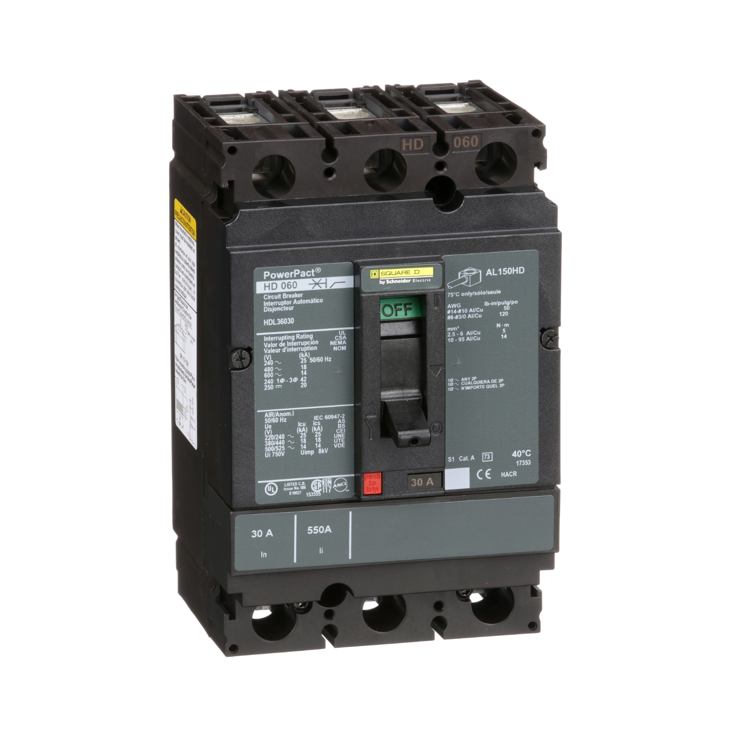 HDL36030, Circuit breaker, PowerPacT H, 30A, 3 pole, 600VAC, 14kA, lugs, thermal magnetic, 80%