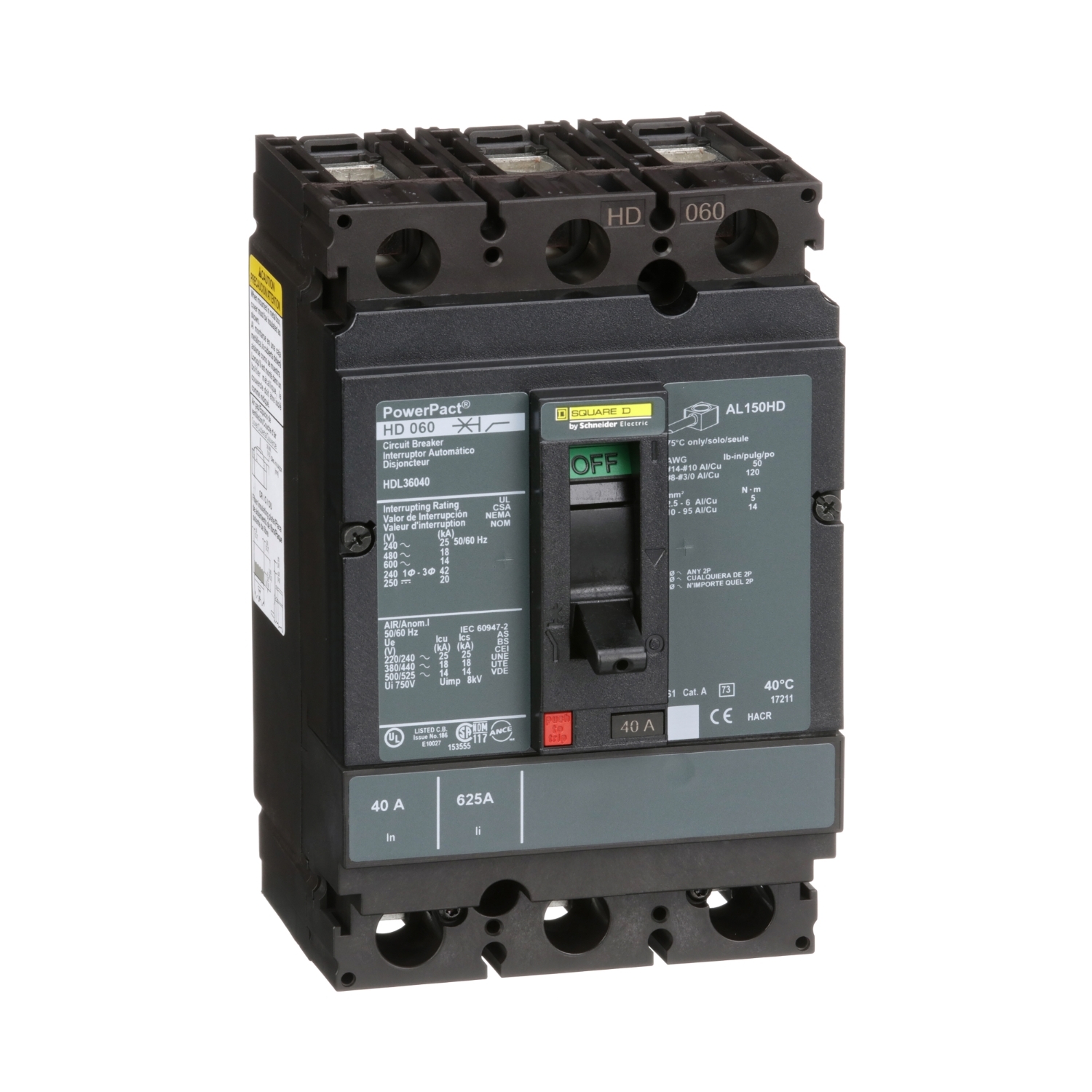 HDL36040, Circuit breaker, PowerPacT H, 40A, 3 pole, 600VAC, 14kA, lugs, thermal magnetic, 80%