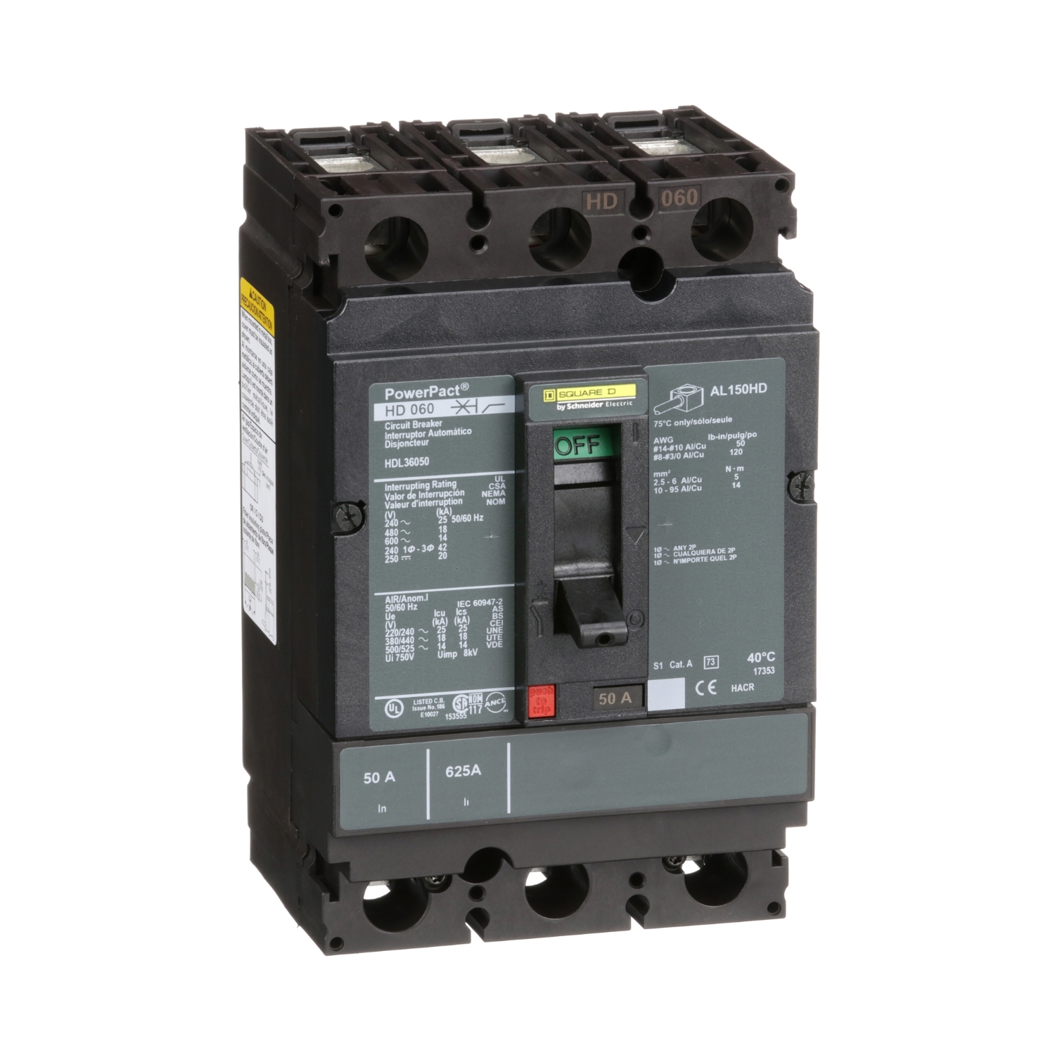 HDL36050, Circuit breaker, PowerPacT H, 50A, 3 pole, 600VAC, 14kA, lugs, thermal magnetic, 80%