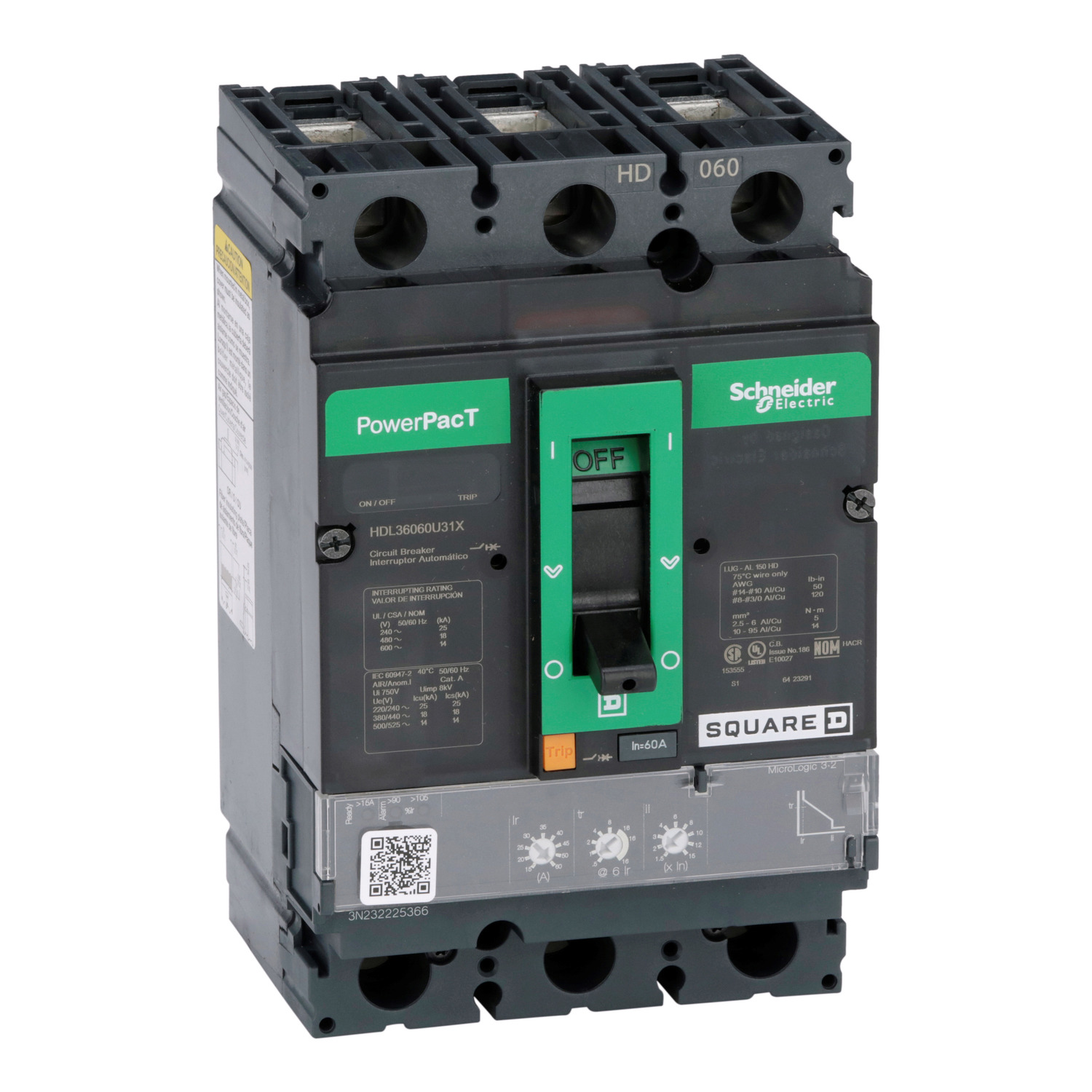 HDL36060U31X, Circuit breaker, PowerPacT H, 60A, 3 pole, 600VAC, 14kA, lugs, Micrologic 3.2, 80%