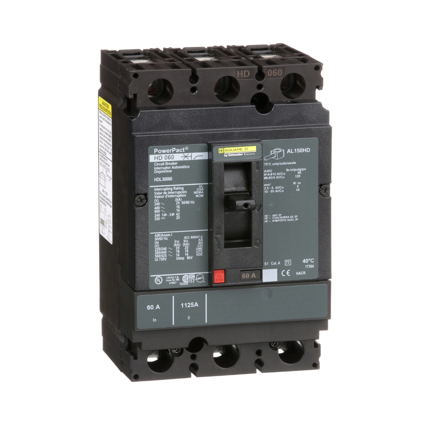HDL36060, Circuit breaker, PowerPacT H, 60A, 3 pole, 600VAC, 14kA, lugs, thermal magnetic, 80%