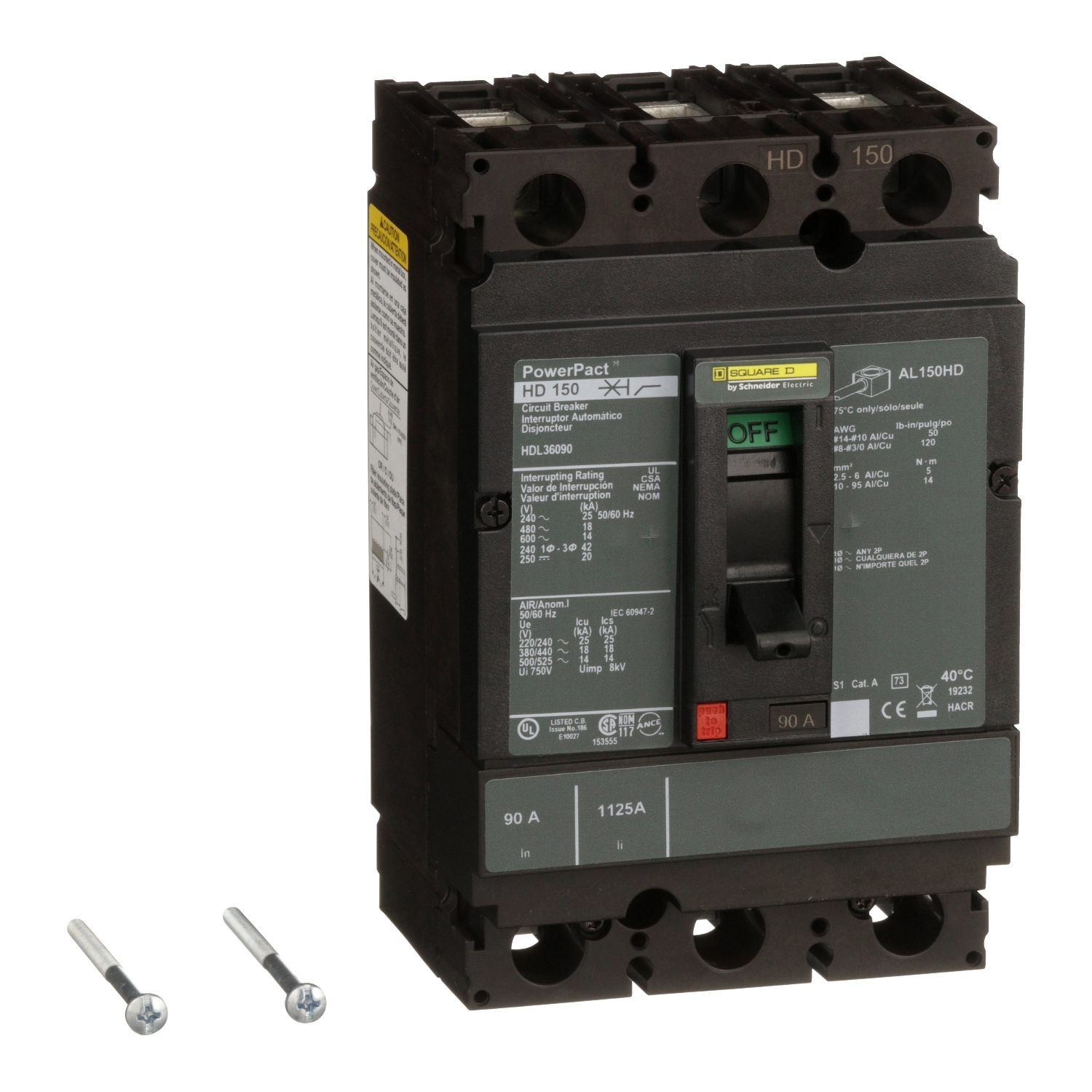 HDL36090, Circuit breaker, PowerPacT H, 90A, 3 pole, 600VAC, 14kA, lugs, thermal magnetic, 80%