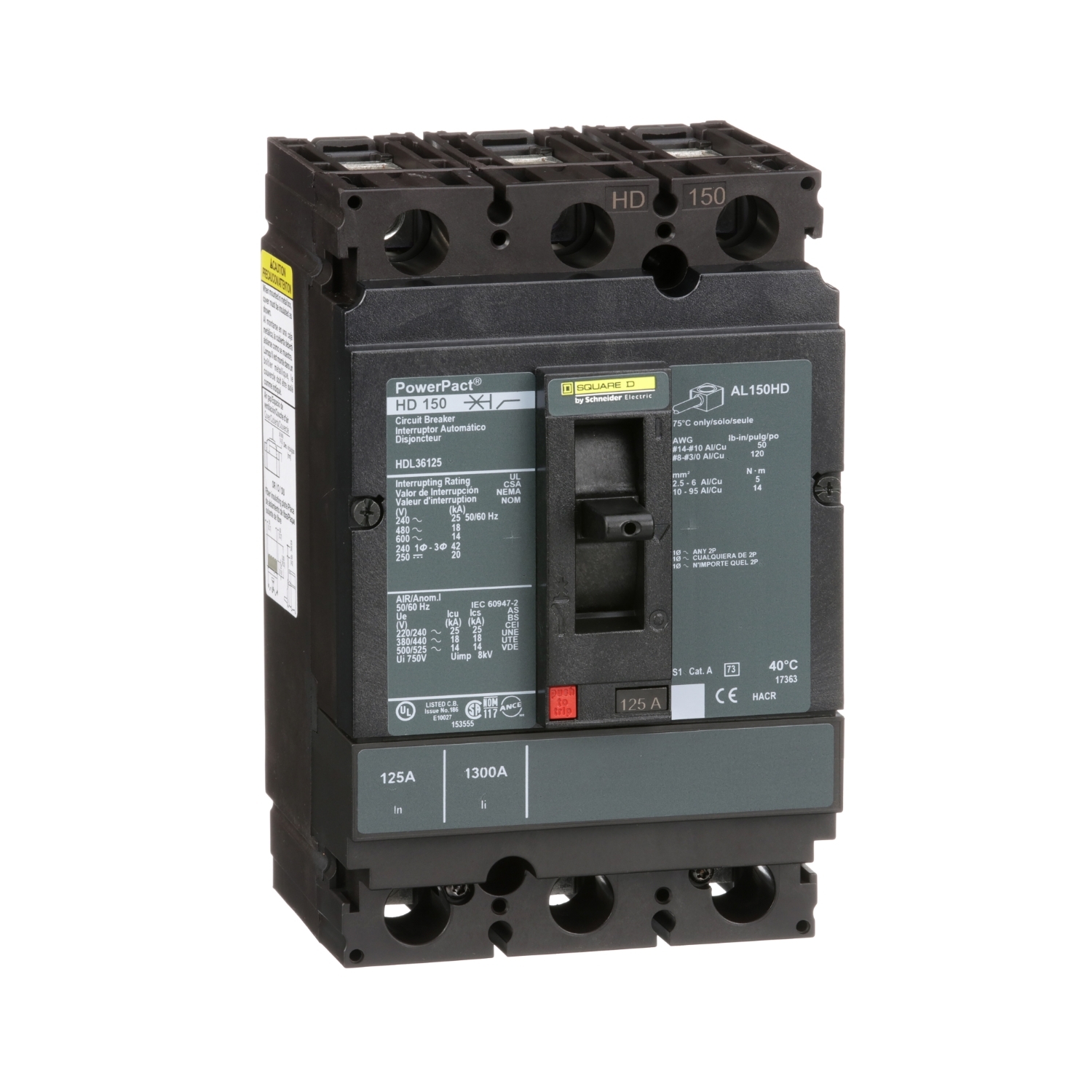 HDL36125, Circuit breaker, PowerPacT H, 125A, 3 pole, 600VAC, 14kA, lugs, thermal magnetic, 80%