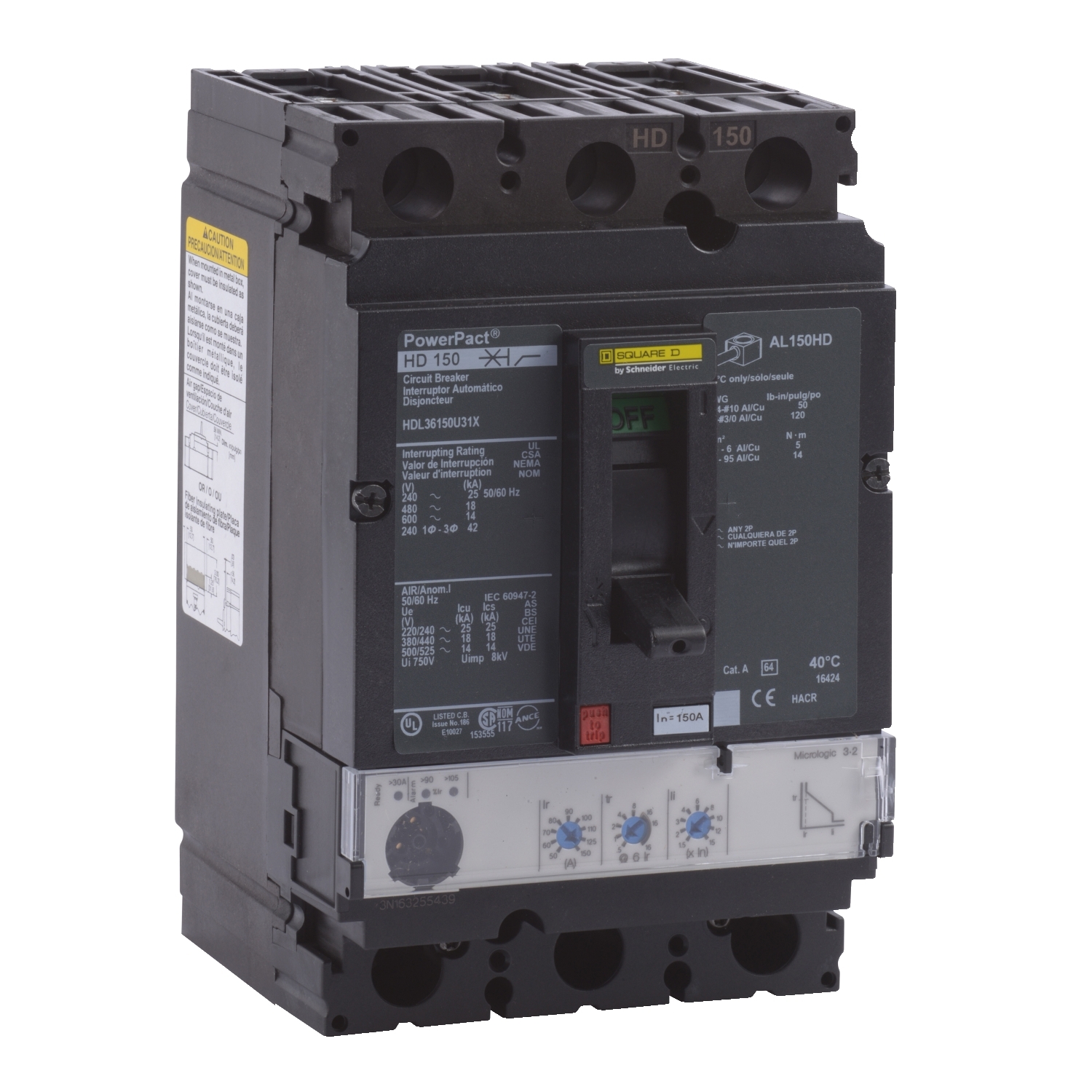 HDL36150U31X, Circuit breaker, PowerPacT H, 150A, 3 pole, 600VAC, 14kA, lugs, Micrologic 3.2, 80%