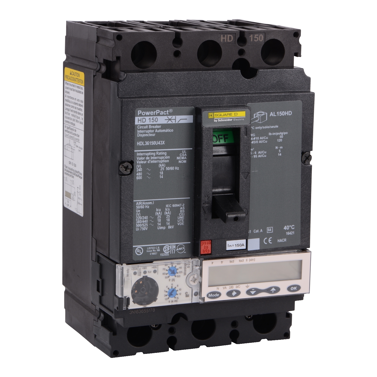 HDL36150U43X, Circuit breaker, PowerPacT H, 150A, 3 pole, 600VAC, 14kA, lugs, Micrologic 5.2A, 80%