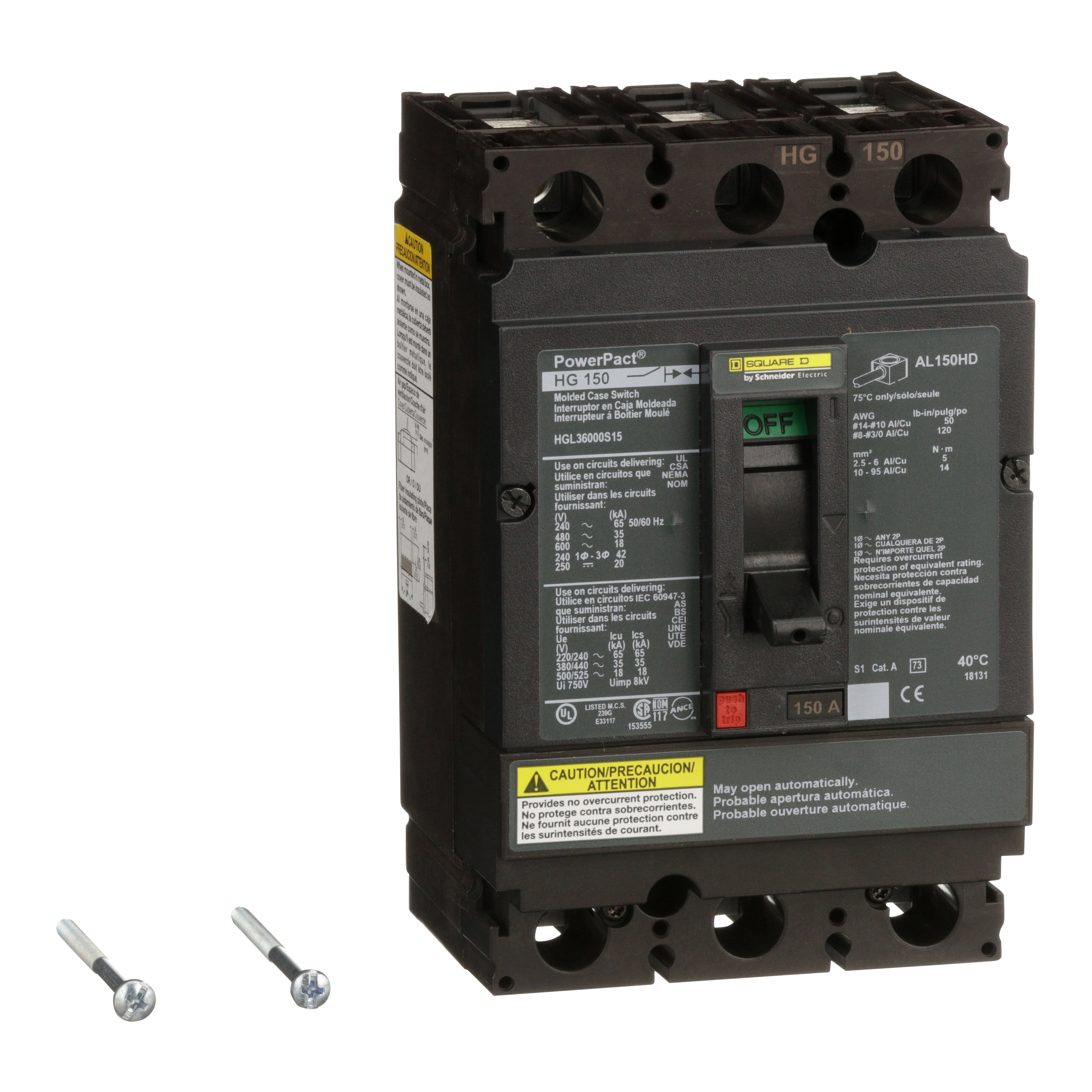 Automatic switch, PowerPacT H, 150A, 3 pole, 600VAC, 18kA, lugs, magnetic