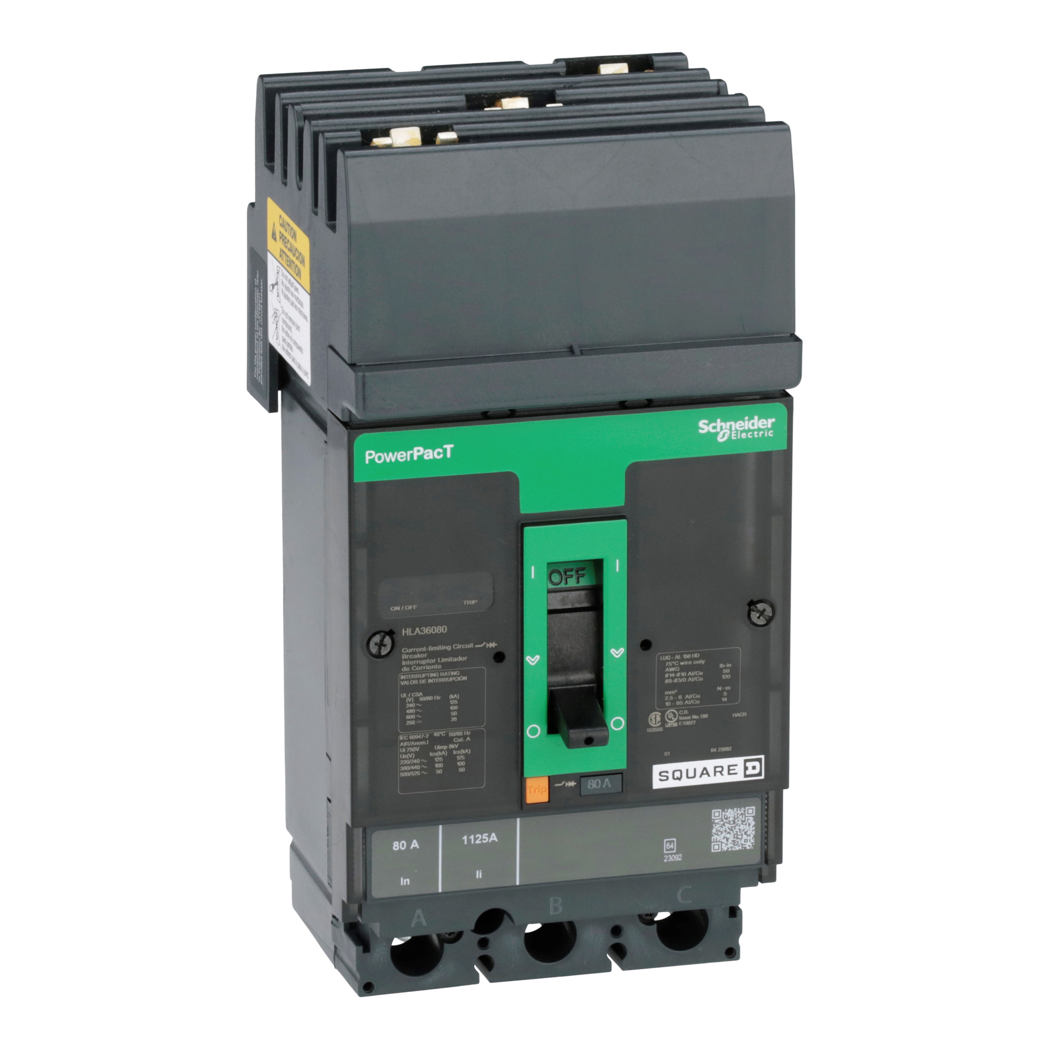 Circuit breaker, PowerPacT H, 80A, 3 pole, 600VAC, 50kA, I-Line, thermal magnetic, 80%, ABC