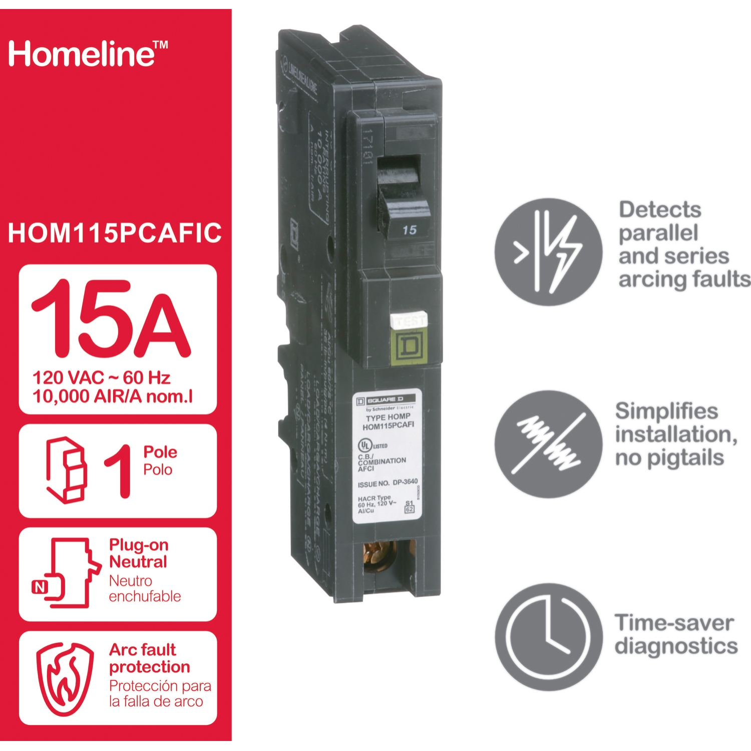 HOM115PCAFIC - Mini circuit breaker, Homeline, 15A, 1 pole, 120VAC